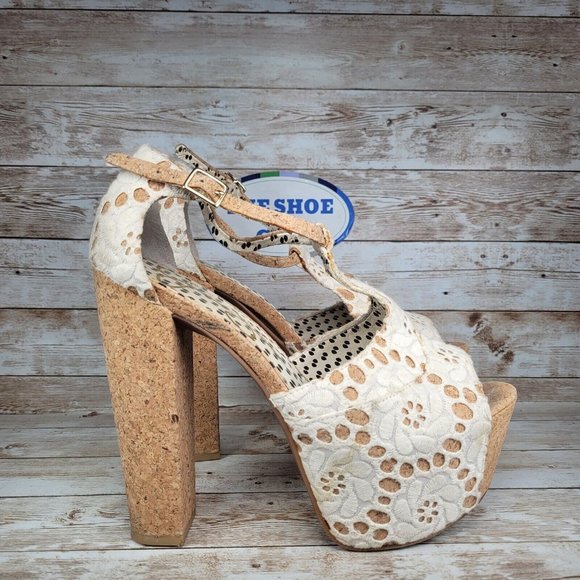 Jessica Simpson Women Size 9B Brown/ White Ankle Strap High Block Heels Shoes - Picture 2 of 13